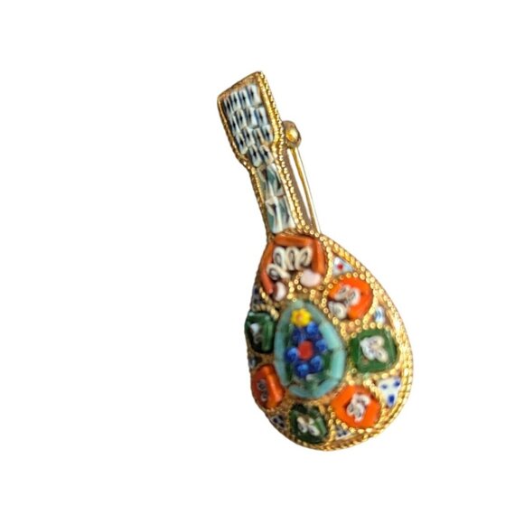 Vintage Italian Micro Mosaic Mandolin Brooch Pin Gold-Tone guitar  instrument - Picture 1 of 6